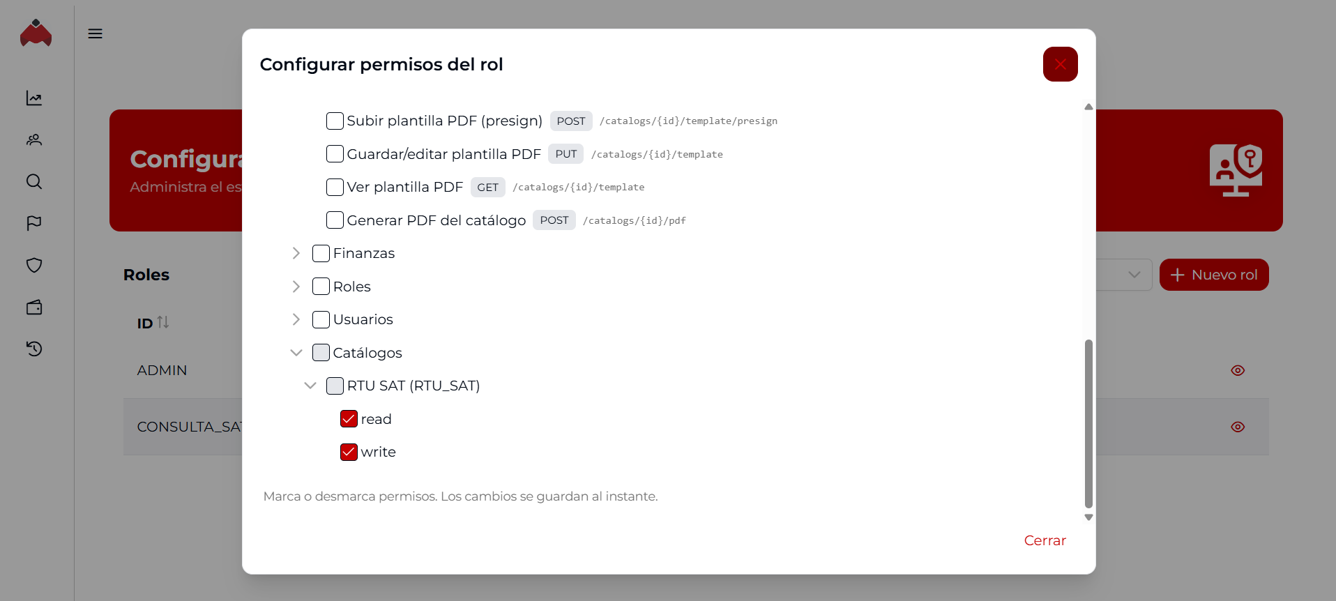 Menú Usuarios y Roles